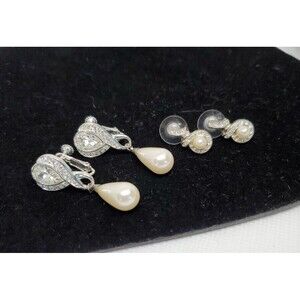 Vintage Napier Silvertone Rhinestone Faux Teardrop Pearl Earrings 2 Pair